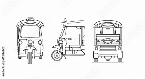 Three-wheel motor vehicle depicted from front, side, and rear views
