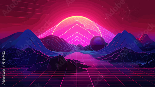 Abstract digital landscape with synthwave vibe and neon colors