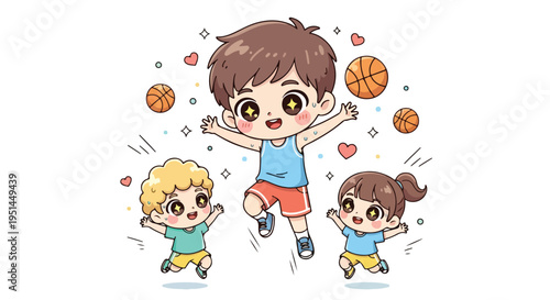 Cartoon illustration of three happy children playing basketball with hearts and balls on a white background with a joyful and energetic mood.