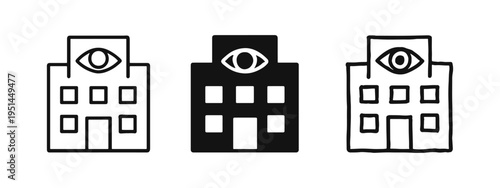 Surveillance Building with Eye Icon Set - Outline, Solid, and Hand-Drawn Styles for Observation Concepts