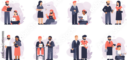 Diverse individuals collaborate and interact using technology in a modern setting