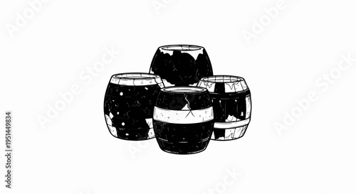 Four black and white illustrated barrels are arranged in a cluster