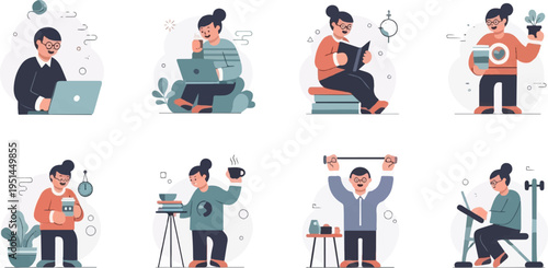Diverse individuals engage in daily activities like working, reading, exercising, and relaxing