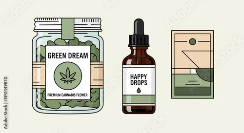 Collection of cannabis products including a jar of flowers, dropper bottle of happy drops, and a package of cannabis related products