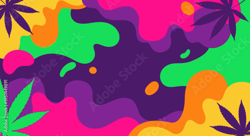 Abstract colorful cannabis leaves background with vibrant splashes and swirls, a trippy and psychedelic design for your projects