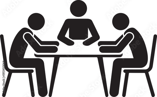 Three people sitting at table during consultation or interview session flat silhouette style representing professional interaction and focus