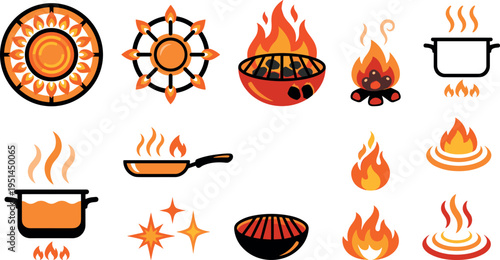 Cooking Fire and Heat Icon Set with Stove Flame Grill Pan and Kitchen Symbols