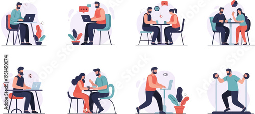 People engaged in various activities working on laptops, meeting, and exercising