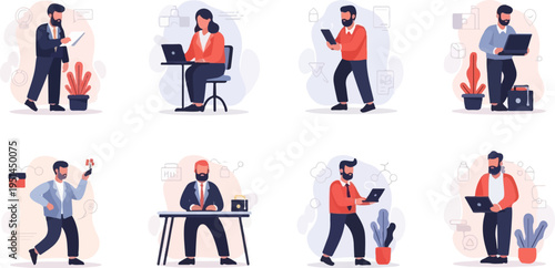 Diverse individuals engaged in modern office tasks with digital devices