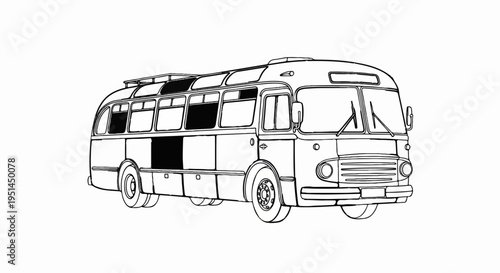A vintage black and white line drawing of a classic passenger bus