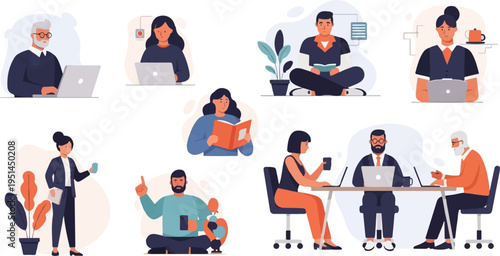 Diverse people engage in work and leisure activities, utilizing technology and enjoying hobbies