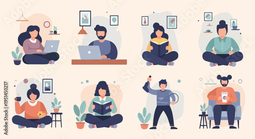 Diverse people engaged in indoor activities like reading, working, and relaxing