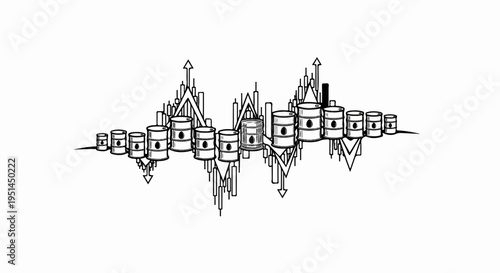 Row of oil barrels superimposed on a stock market graph with ups and downs