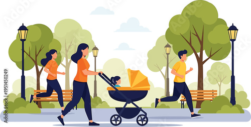 Family Walking in Park with Stroller
