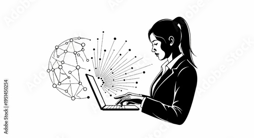 Silhouette of a woman in a suit using a laptop with abstract network connections