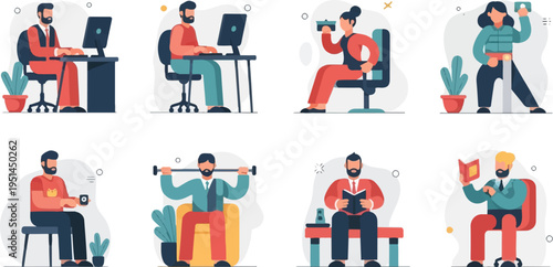 Diverse individuals engaged in various sedentary and active pursuits