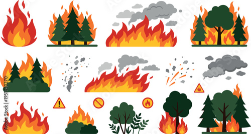 Forest Fire and Wildfire Disaster Icon Set with Burning Trees Smoke and Warning Signs