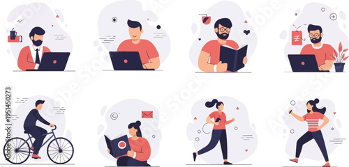 Diverse people engaged in various activities work, reading, cycling, and exercise