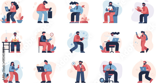 Diverse people engaged in various work and leisure activities, often with technology