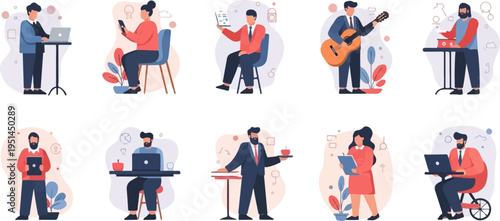 Diverse individuals engaged in various work-related and leisure activities