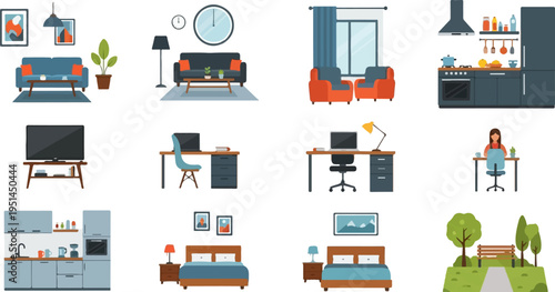 Various interior home scenes, including living rooms, kitchens, bedrooms, and desks