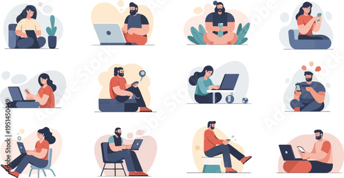 Wallpaper Mural Diverse people engaged in various digital activities using laptops and phones Torontodigital.ca