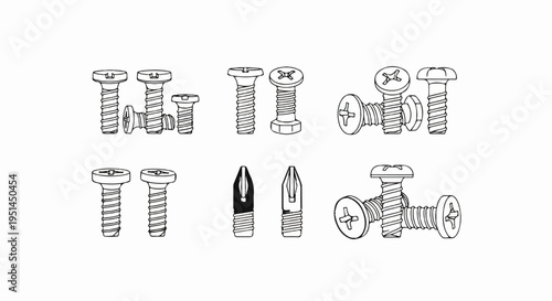Various metal screws and screw bits shown in black and white line art