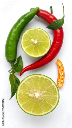 Green and red chili peppers with lime slices arranged on a white background