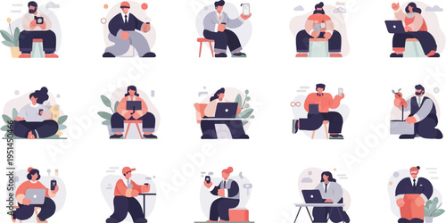 Diverse people engaged in various digital activities, work, and leisure