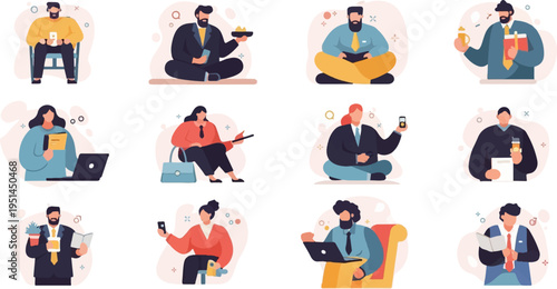 Diverse office workers in casual poses, holding phones, laptops, drinks, and books