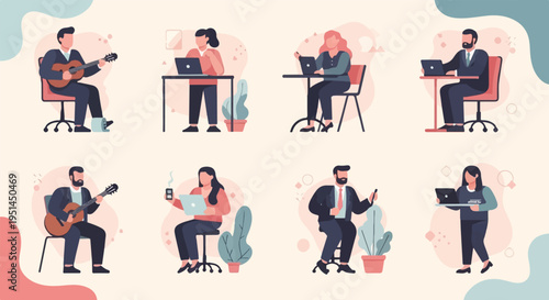 Diverse individuals engaged in work and leisure activities at home