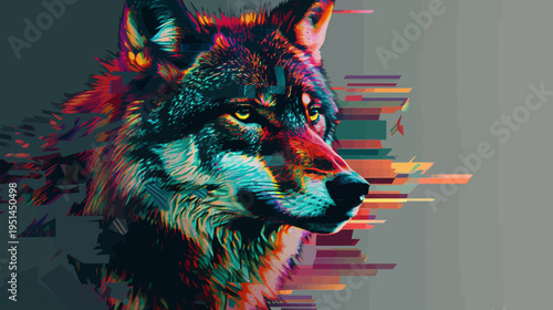 Vibrant digital artwork of a wolf with abstract color overlay and design