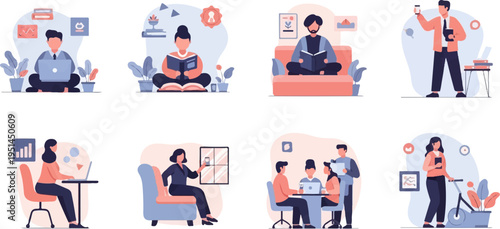 Diverse individuals engaged in modern work and leisure activities, depicted in flat illustration style