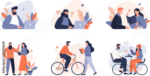 Flat illustration of people engaged in various activities and interactions