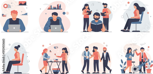 Diverse individuals engage in various tasks, including work, study, and leisure activities