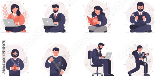 Diverse individuals engage in varied activities like working, reading, and exercising