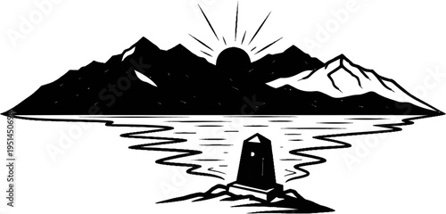 Silhouette of sun rising over mountains reflected in water with monument