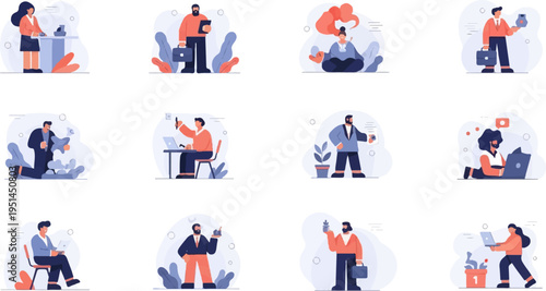 Collection of flat design illustrations depicting diverse office professionals and their tasks