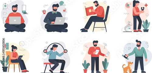 People engaged in various leisure and work activities, including technology use and exercise