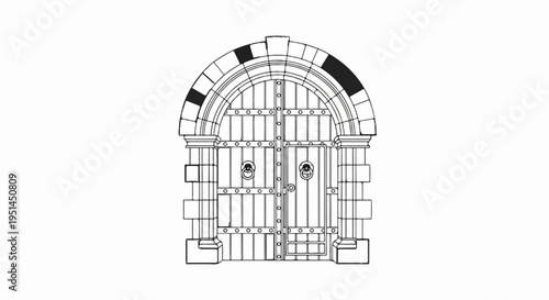 Ornate stone arched doorway with heavy wooden double doors and lion ring handles