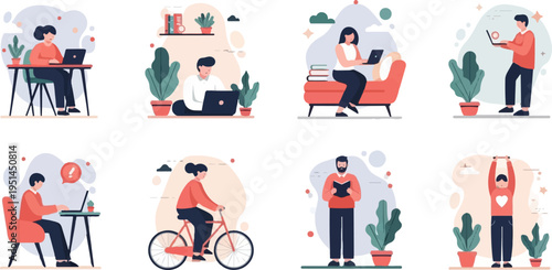 People engaged in various activities like working, cycling, reading, and exercising