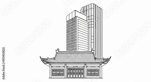 Traditional Asian building facade in front of modern skyscrapers