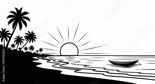 Silhouette of palm trees on a shore with a rising sun and a boat