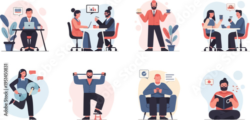 Colleagues collaborate and relax in diverse office and leisure scenarios