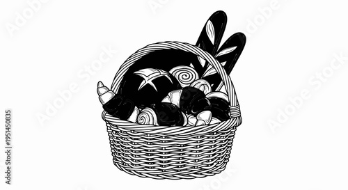 Wicker basket overflowing with assorted breads and pastries