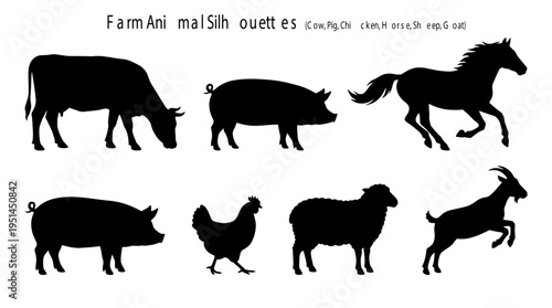 Farm Animal Silhouette Cow, Pig, Chicken, Horse, Sheep, Goat 