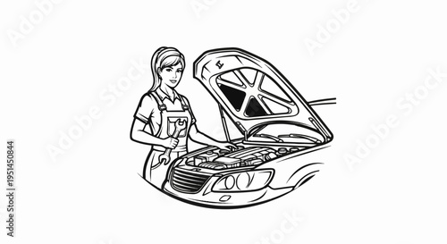 Woman mechanic with wrench working on car engine under hood