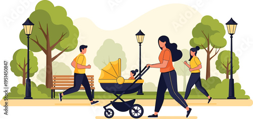 Woman Pushing Stroller with Baby in Park with Family