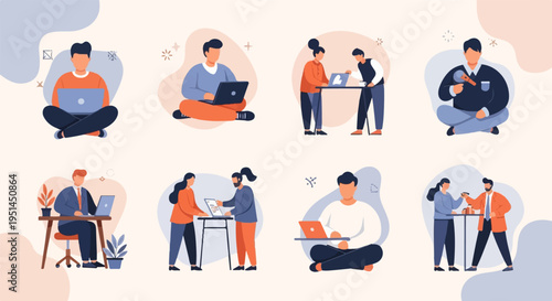 Wallpaper Mural Stylized flat illustration of people working on laptops and collaborating Torontodigital.ca