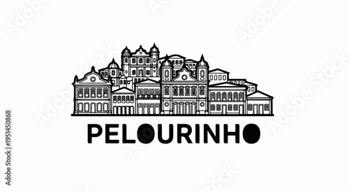 Stylized black and white line drawing of a historic urban skyline